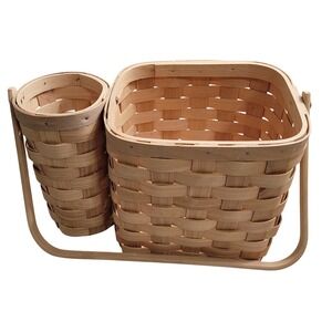 Handwoven Wood Splint Picnic Caddy Utensil Napkin Basket Natural Tan Excellent
